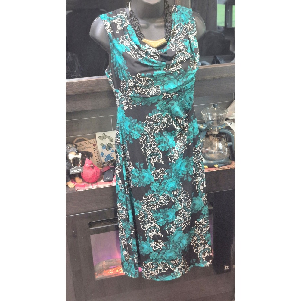 Connected Apparel Teal Black Floral Cowl Neck Ruched Sheath Dress Womens 12 - Picture 4 of 12